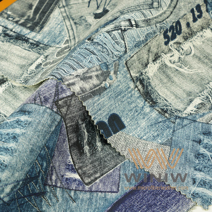 Jeans Cloth Print DMF Free PU Synthetic Leather for Garments